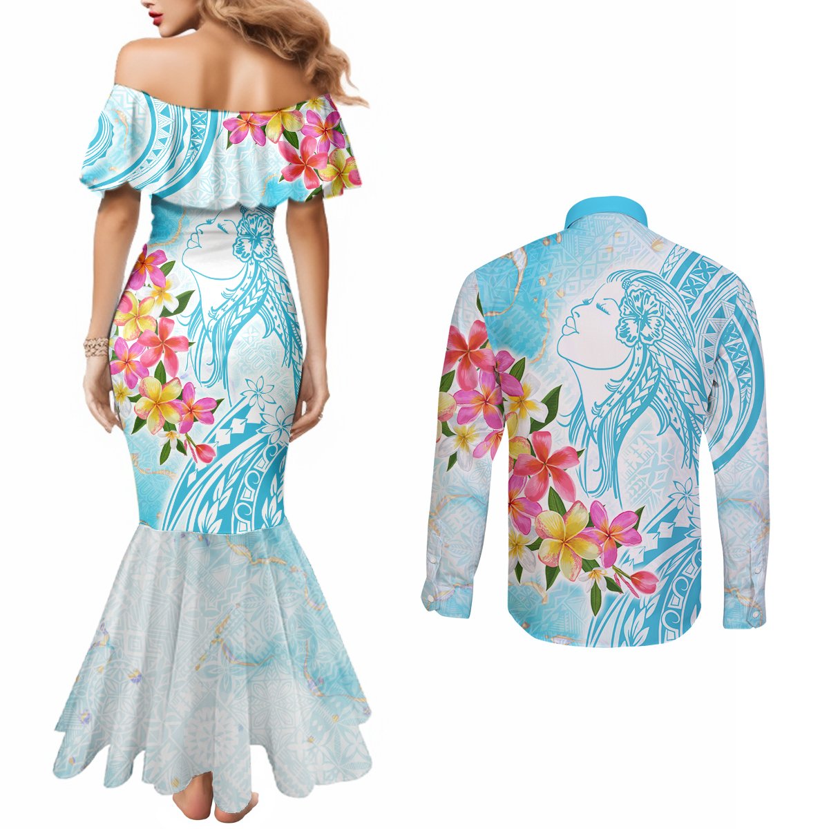 Polynesian Women's Day Wahine Couples Matching Mermaid Dress and Long Sleeve Button Shirt Plumeria Marble Glaze - Turquoise LT7 - Polynesian Pride