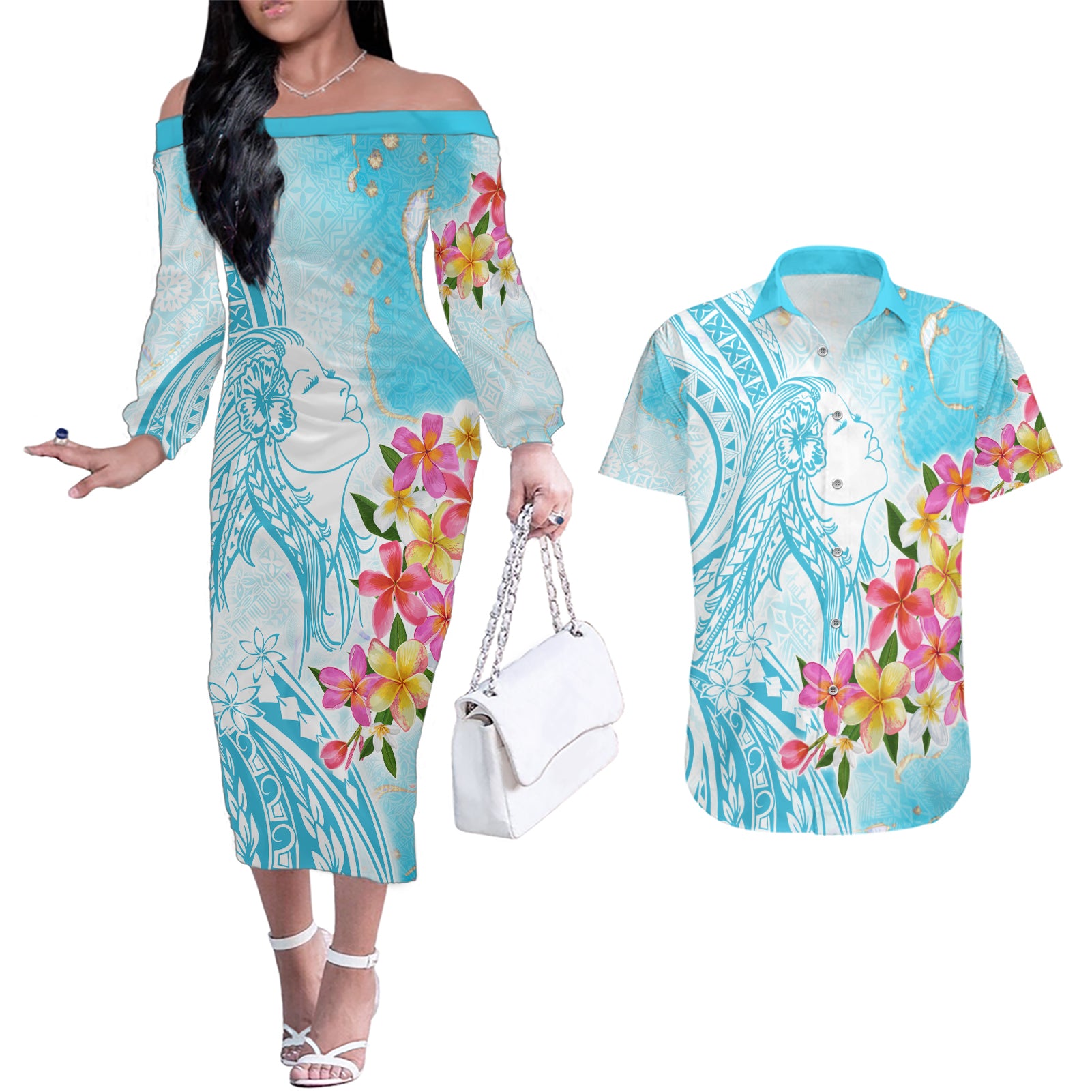 Polynesian Women's Day Wahine Couples Matching Off The Shoulder Long Sleeve Dress and Hawaiian Shirt Plumeria Marble Glaze - Turquoise LT7 Turquoise - Polynesian Pride