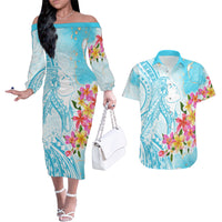 Polynesian Women's Day Wahine Couples Matching Off The Shoulder Long Sleeve Dress and Hawaiian Shirt Plumeria Marble Glaze - Turquoise LT7 Turquoise - Polynesian Pride