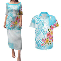 Polynesian Women's Day Wahine Couples Matching Puletasi and Hawaiian Shirt Plumeria Marble Glaze - Turquoise LT7 Turquoise - Polynesian Pride