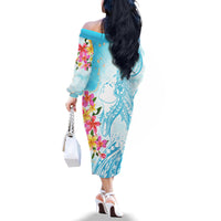 Polynesian Women's Day Wahine Family Matching Off Shoulder Long Sleeve Dress and Hawaiian Shirt Plumeria Marble Glaze - Turquoise LT7 - Polynesian Pride
