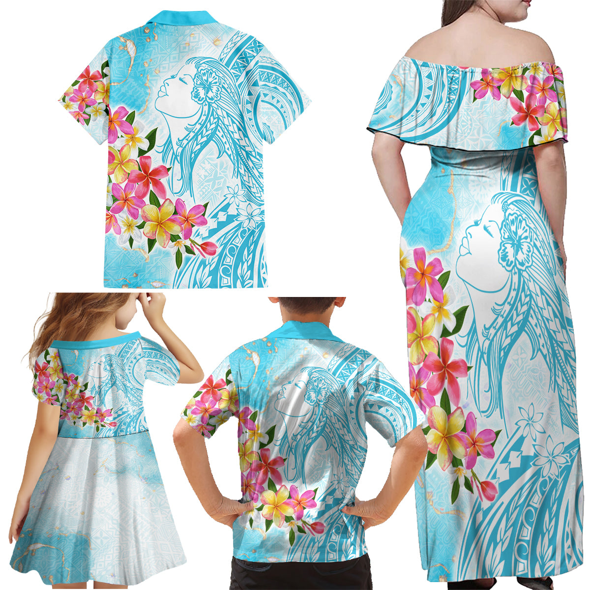 Polynesian Women's Day Wahine Family Matching Off Shoulder Maxi Dress and Hawaiian Shirt Plumeria Marble Glaze - Turquoise LT7 - Polynesian Pride