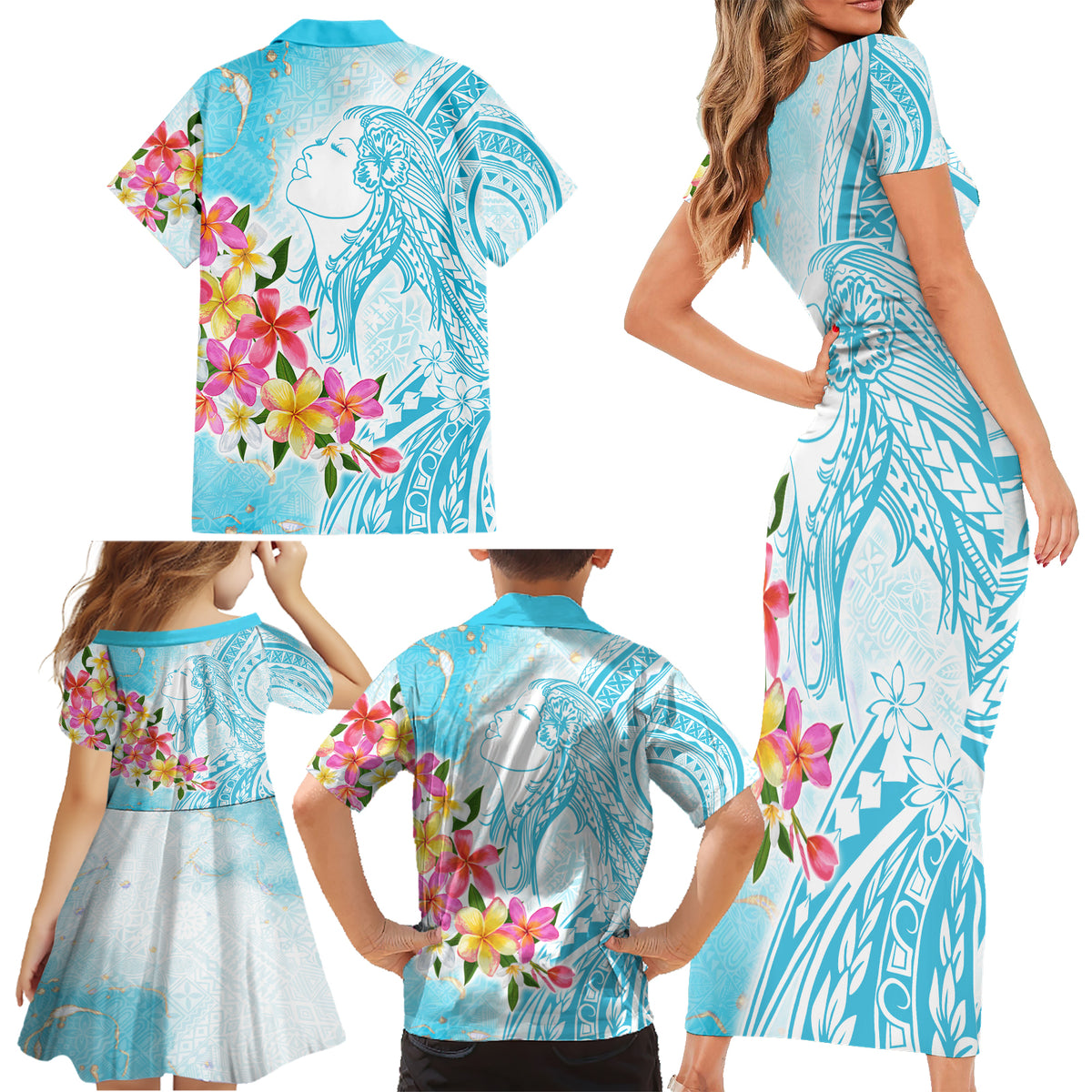 Polynesian Women's Day Wahine Family Matching Short Sleeve Bodycon Dress and Hawaiian Shirt Plumeria Marble Glaze - Turquoise LT7 - Polynesian Pride