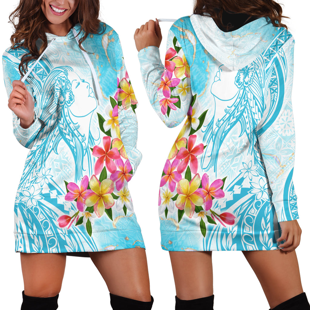 Polynesian Women's Day Wahine Hoodie Dress Plumeria Marble Glaze - Turquoise LT7 - Polynesian Pride