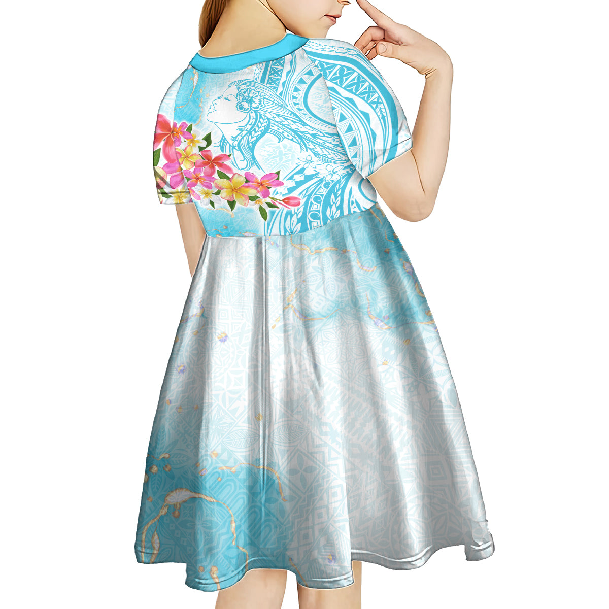 Polynesian Women's Day Wahine Kid Short Sleeve Dress Plumeria Marble Glaze - Turquoise LT7 - Polynesian Pride