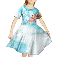 Polynesian Women's Day Wahine Kid Short Sleeve Dress Plumeria Marble Glaze - Turquoise LT7 - Polynesian Pride