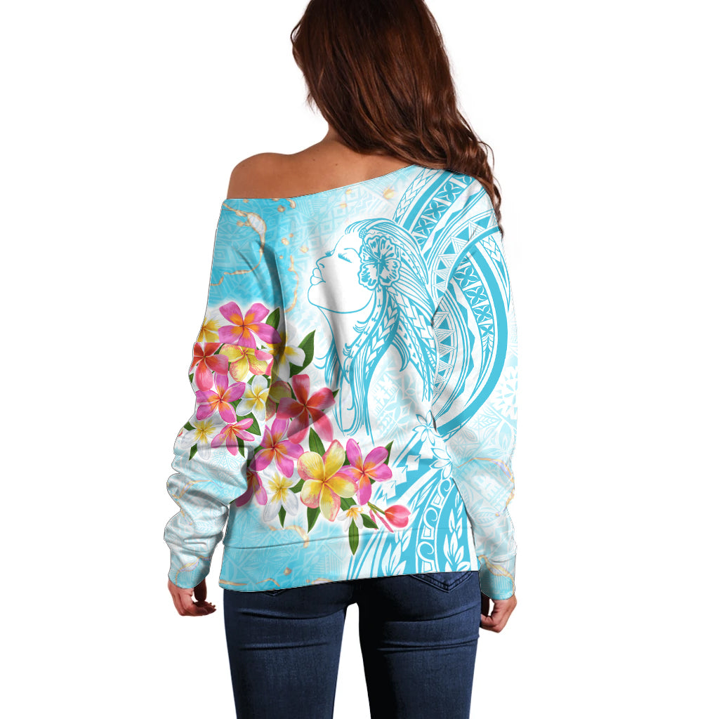 Polynesian Women's Day Wahine Off Shoulder Sweater Plumeria Marble Glaze - Turquoise LT7 - Polynesian Pride