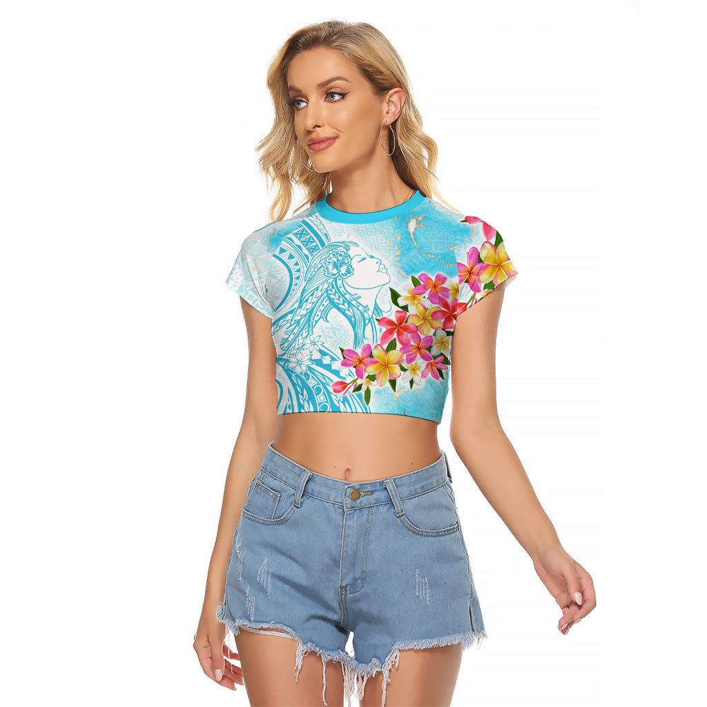 Polynesian Women's Day Wahine Raglan Cropped T Shirt Plumeria Marble Glaze - Turquoise LT7 Female Turquoise - Polynesian Pride