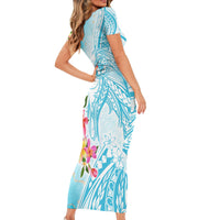 Polynesian Women's Day Wahine Short Sleeve Bodycon Dress Plumeria Marble Glaze - Turquoise LT7 - Polynesian Pride