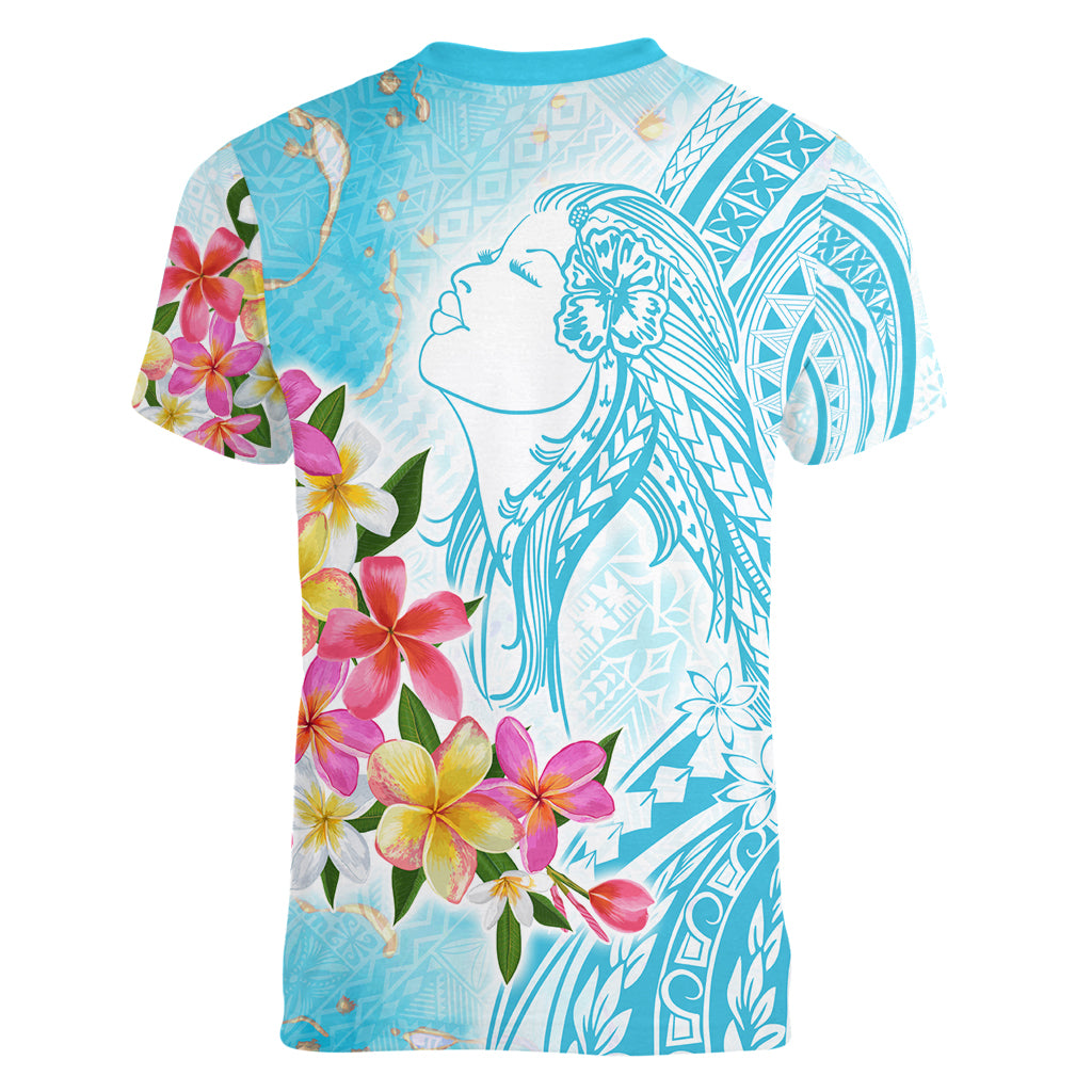 Polynesian Women's Day Wahine Women V Neck T Shirt Plumeria Marble Glaze - Turquoise LT7 - Polynesian Pride
