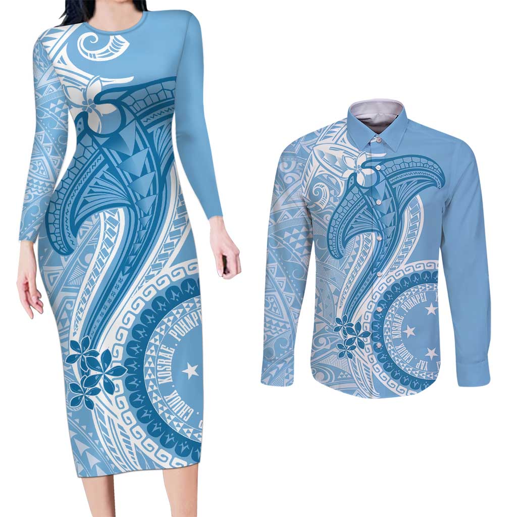 Micronesia FSM Couples Matching Long Sleeve Bodycon Dress and Long Sleeve Button Shirt Shark and Manta Classic Style