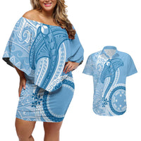 Micronesia FSM Couples Matching Off Shoulder Short Dress and Hawaiian Shirt Shark and Manta Classic Style