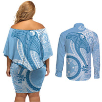 Micronesia FSM Couples Matching Off Shoulder Short Dress and Long Sleeve Button Shirt Shark and Manta Classic Style