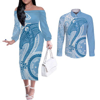 Micronesia FSM Couples Matching Off The Shoulder Long Sleeve Dress and Long Sleeve Button Shirt Shark and Manta Classic Style