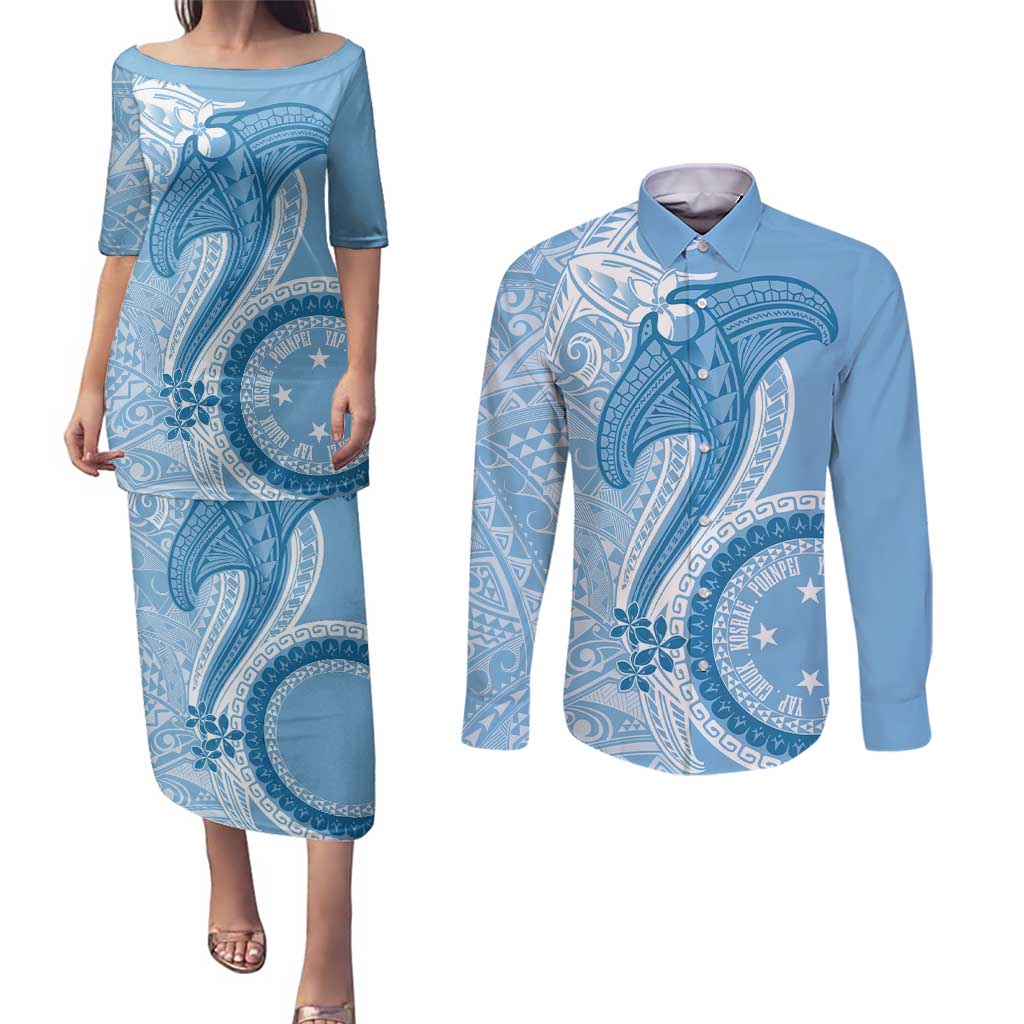 Micronesia FSM Couples Matching Puletasi and Long Sleeve Button Shirt Shark and Manta Classic Style