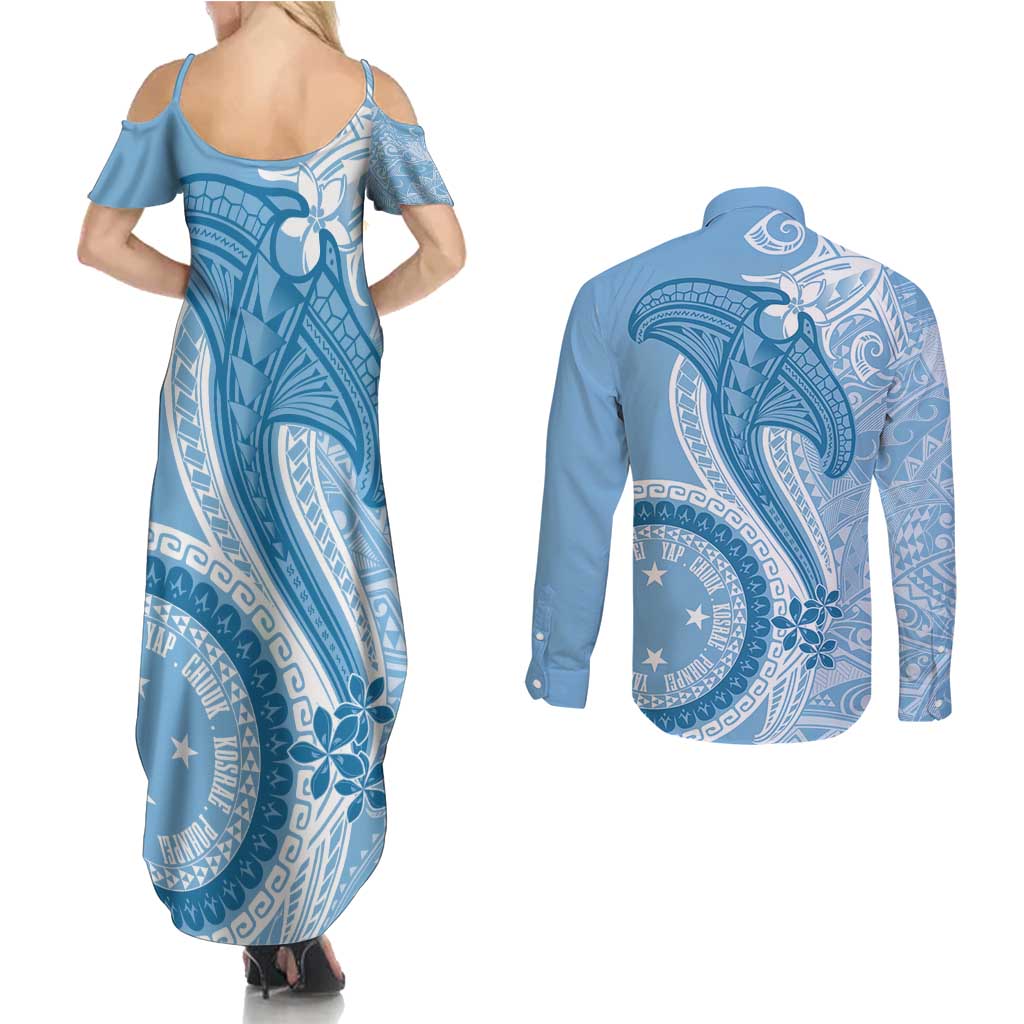 Micronesia FSM Couples Matching Summer Maxi Dress and Long Sleeve Button Shirt Shark and Manta Classic Style
