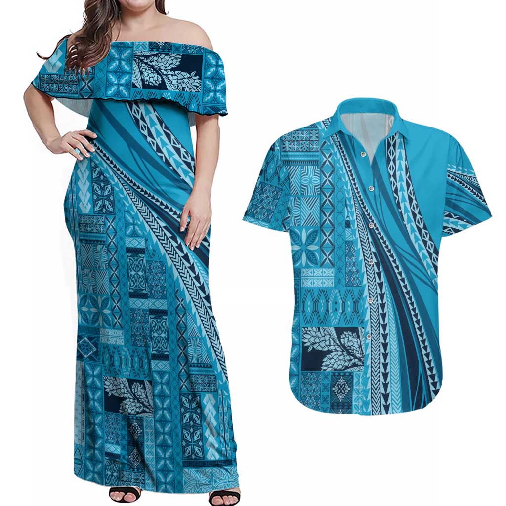 Pasifika Women's Day - Samoa Siapo Malu Tattoo Inspired Couples Matching Off Shoulder Maxi Dress and Hawaiian Shirt Turquoise