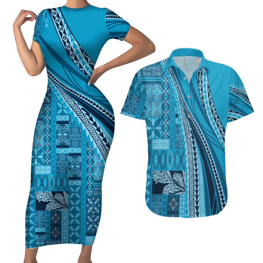 Pasifika Women's Day - Samoa Siapo Malu Tattoo Inspired Couples Matching Short Sleeve Bodycon Dress and Hawaiian Shirt Turquoise