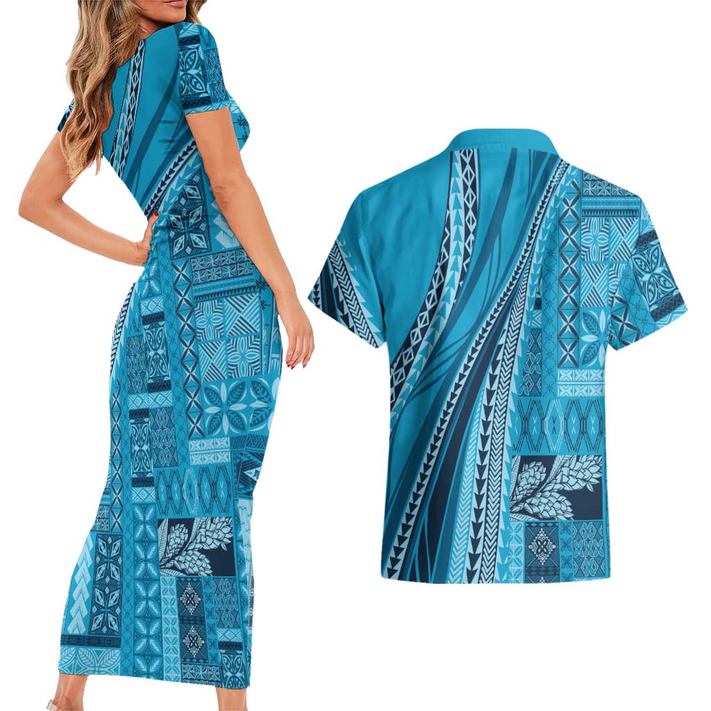 Pasifika Women's Day - Samoa Siapo Malu Tattoo Inspired Couples Matching Short Sleeve Bodycon Dress and Hawaiian Shirt Turquoise