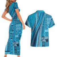 Pasifika Women's Day - Samoa Siapo Malu Tattoo Inspired Couples Matching Short Sleeve Bodycon Dress and Hawaiian Shirt Turquoise