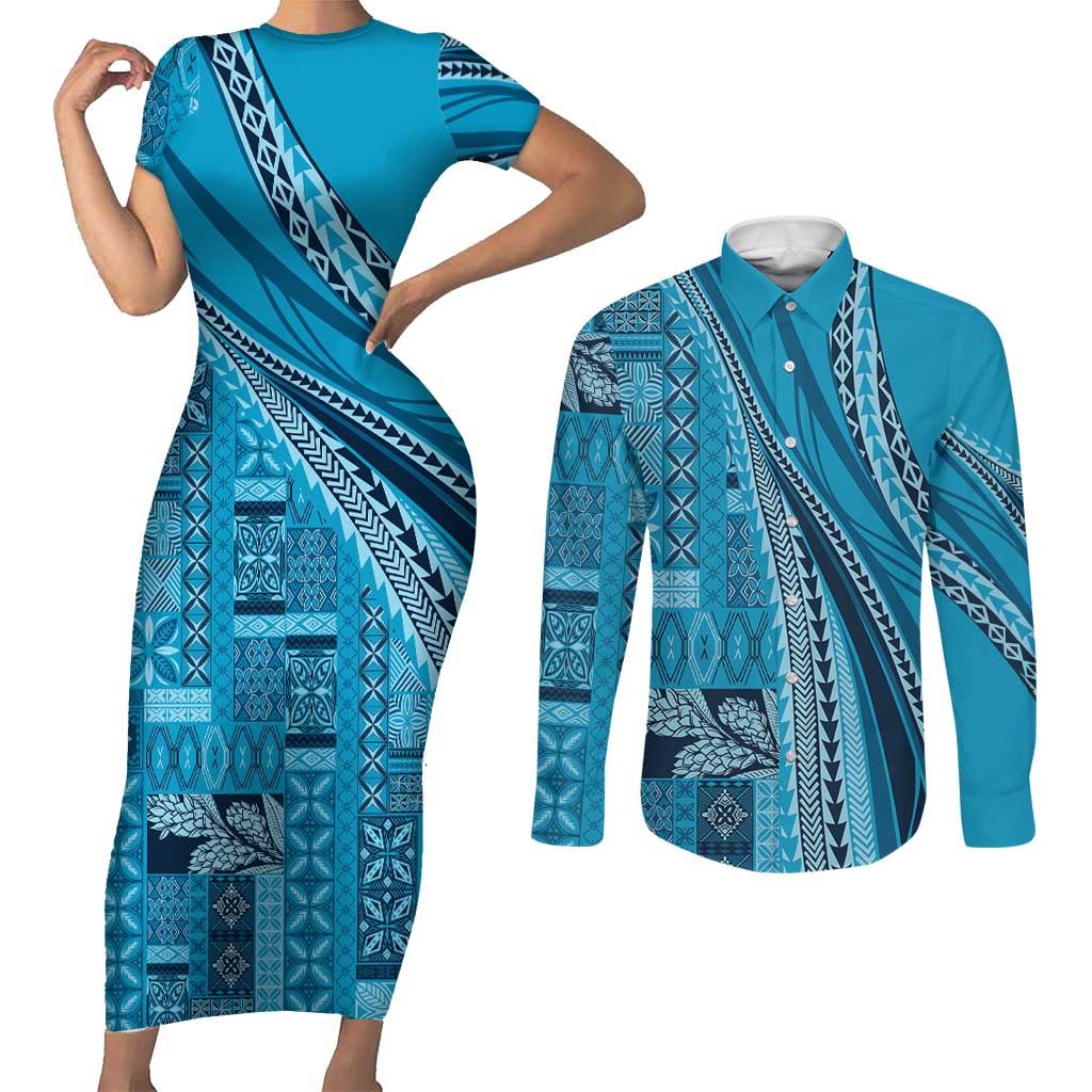 Pasifika Women's Day - Samoa Siapo Malu Tattoo Inspired Couples Matching Short Sleeve Bodycon Dress and Long Sleeve Button Shirt Turquoise