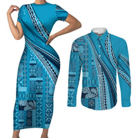 Pasifika Women's Day - Samoa Siapo Malu Tattoo Inspired Couples Matching Short Sleeve Bodycon Dress and Long Sleeve Button Shirt Turquoise