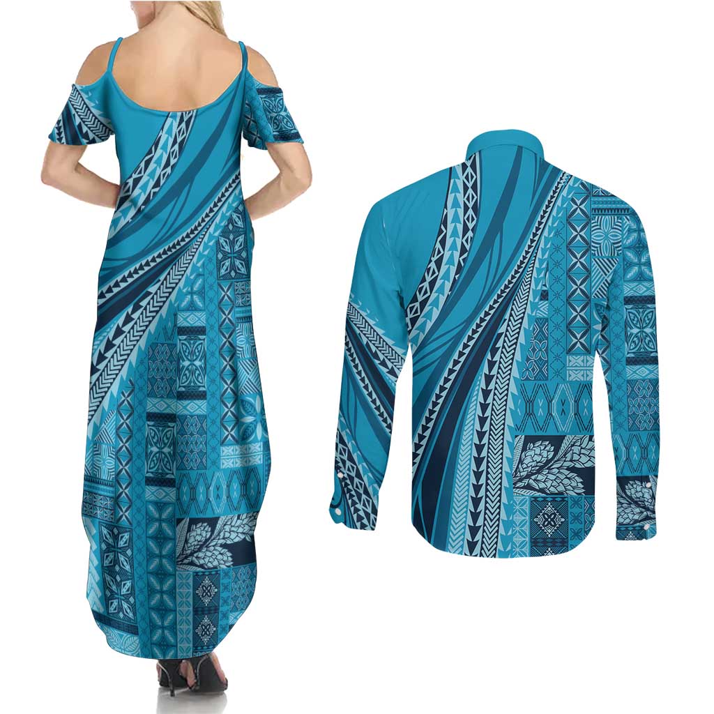 Pasifika Women's Day - Samoa Siapo Malu Tattoo Inspired Couples Matching Summer Maxi Dress and Long Sleeve Button Shirt Turquoise
