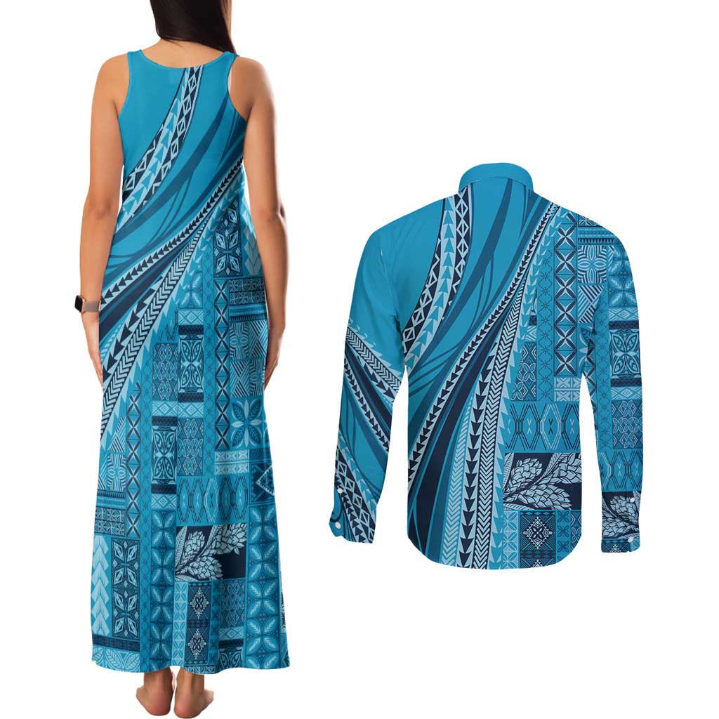 Pasifika Women's Day - Samoa Siapo Malu Tattoo Inspired Couples Matching Tank Maxi Dress and Long Sleeve Button Shirt Turquoise