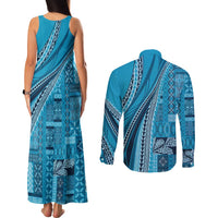 Pasifika Women's Day - Samoa Siapo Malu Tattoo Inspired Couples Matching Tank Maxi Dress and Long Sleeve Button Shirt Turquoise