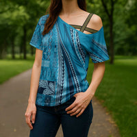 Pasifika Women's Day - Samoa Siapo Malu Tattoo Inspired Cross Shoulder Shirt Turquoise