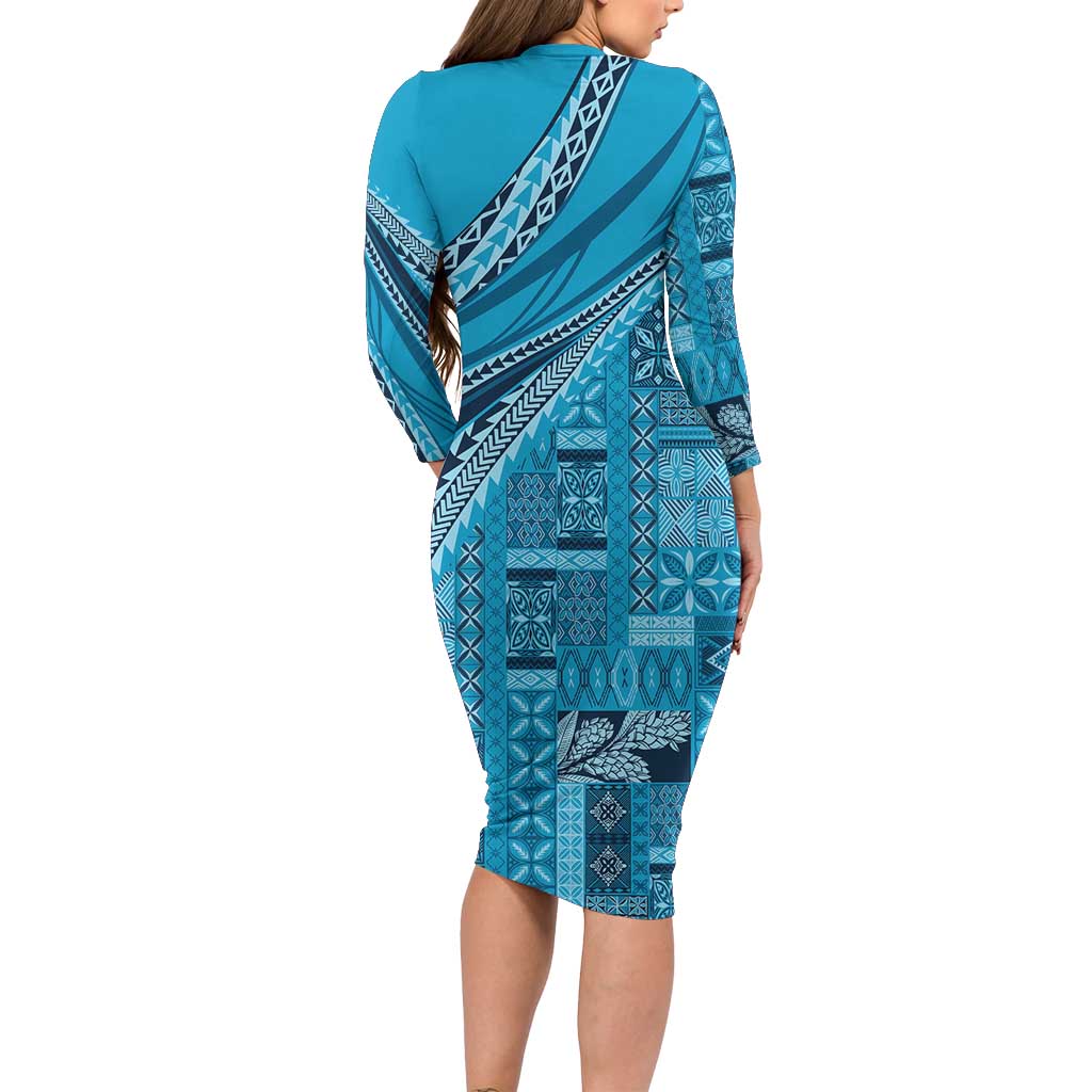 Pasifika Women's Day - Samoa Siapo Malu Tattoo Inspired Family Matching Long Sleeve Bodycon Dress and Hawaiian Shirt Turquoise LT7 - Polynesian Pride