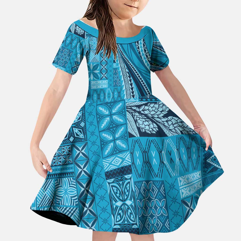 Pasifika Women's Day - Samoa Siapo Malu Tattoo Inspired Family Matching Mermaid Dress and Hawaiian Shirt Turquoise LT7 Daughter's Dress Turquoise - Polynesian Pride