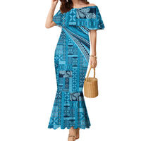 Pasifika Women's Day - Samoa Siapo Malu Tattoo Inspired Family Matching Mermaid Dress and Hawaiian Shirt Turquoise LT7 Mom's Dress Turquoise - Polynesian Pride