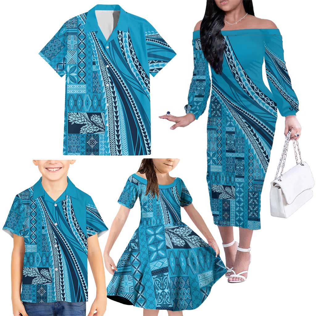 Pasifika Women's Day - Samoa Siapo Malu Tattoo Inspired Family Matching Off The Shoulder Long Sleeve Dress and Hawaiian Shirt Turquoise LT7 - Polynesian Pride