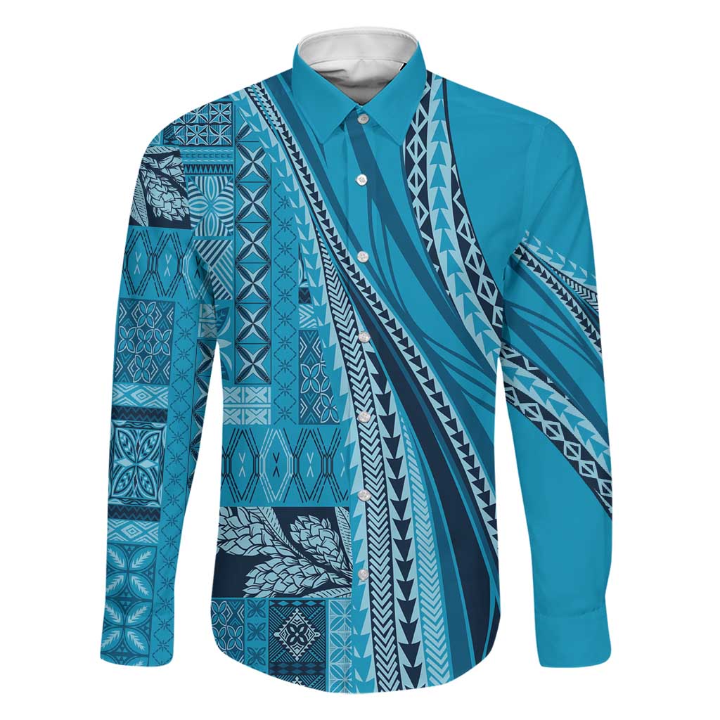 Pasifika Women's Day - Samoa Siapo Malu Tattoo Inspired Family Matching Off The Shoulder Long Sleeve Dress and Hawaiian Shirt Turquoise LT7 Dad's Shirt - Long Sleeve Turquoise - Polynesian Pride