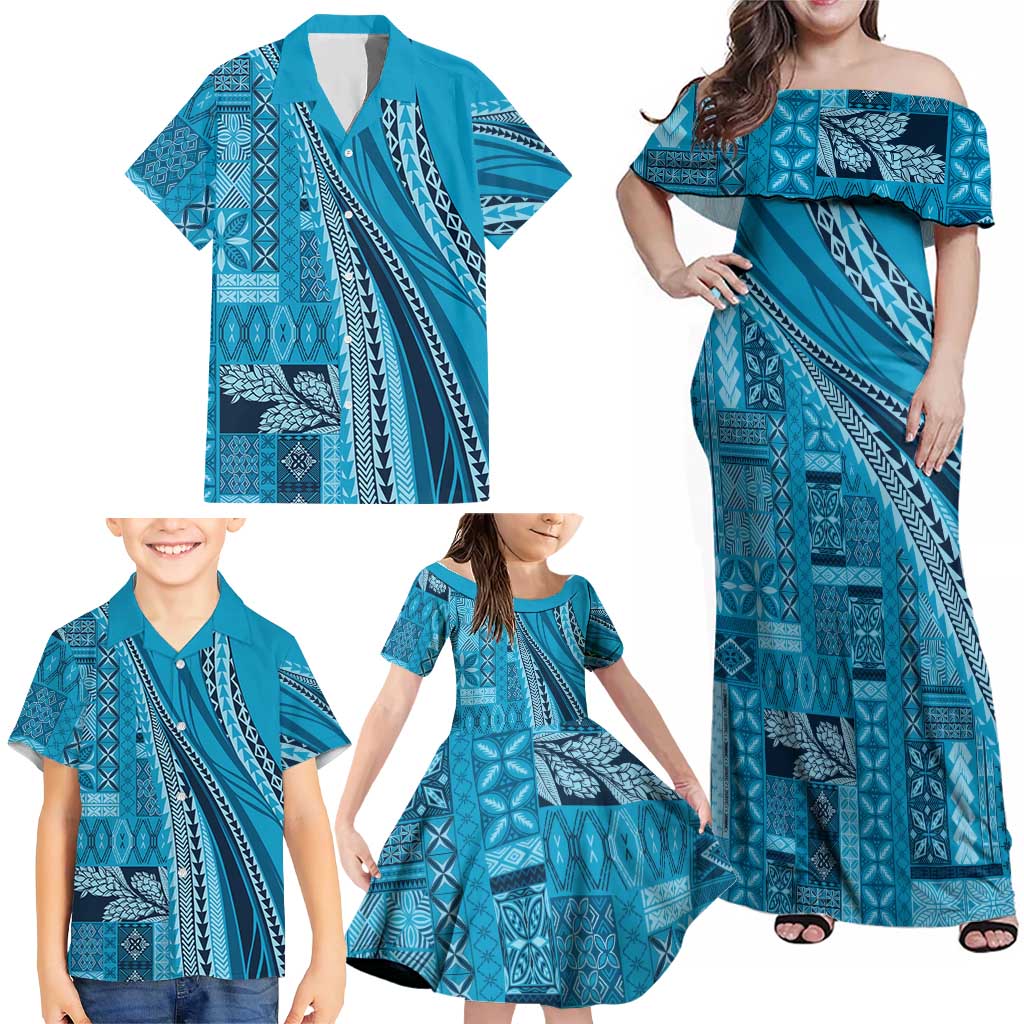Pasifika Women's Day - Samoa Siapo Malu Tattoo Inspired Family Matching Off Shoulder Maxi Dress and Hawaiian Shirt Turquoise