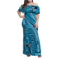 Pasifika Women's Day - Samoa Siapo Malu Tattoo Inspired Family Matching Off Shoulder Maxi Dress and Hawaiian Shirt Turquoise LT7 Mom's Dress Turquoise - Polynesian Pride