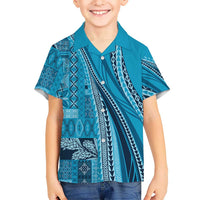 Pasifika Women's Day - Samoa Siapo Malu Tattoo Inspired Family Matching Off Shoulder Maxi Dress and Hawaiian Shirt Turquoise LT7 Son's Shirt Turquoise - Polynesian Pride