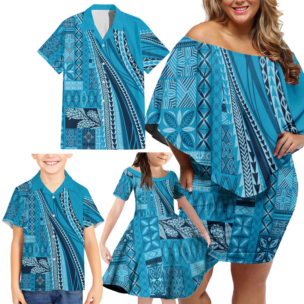 Pasifika Women's Day - Samoa Siapo Malu Tattoo Inspired Family Matching Off Shoulder Short Dress and Hawaiian Shirt Turquoise LT7 - Polynesian Pride