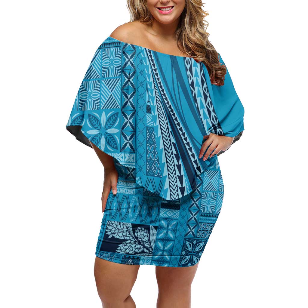 Pasifika Women's Day - Samoa Siapo Malu Tattoo Inspired Family Matching Off Shoulder Short Dress and Hawaiian Shirt Turquoise LT7 Mom's Dress Turquoise - Polynesian Pride