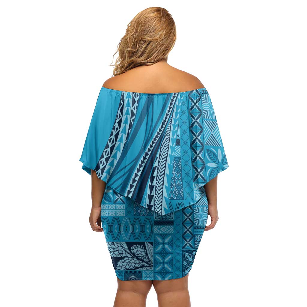 Pasifika Women's Day - Samoa Siapo Malu Tattoo Inspired Family Matching Off Shoulder Short Dress and Hawaiian Shirt Turquoise LT7 - Polynesian Pride