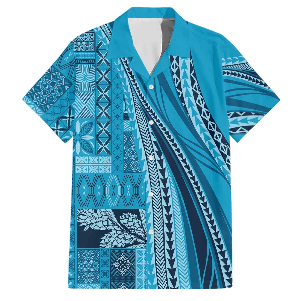 Pasifika Women's Day - Samoa Siapo Malu Tattoo Inspired Family Matching Short Sleeve Bodycon Dress and Hawaiian Shirt Turquoise LT7 Dad's Shirt - Short Sleeve Turquoise - Polynesian Pride