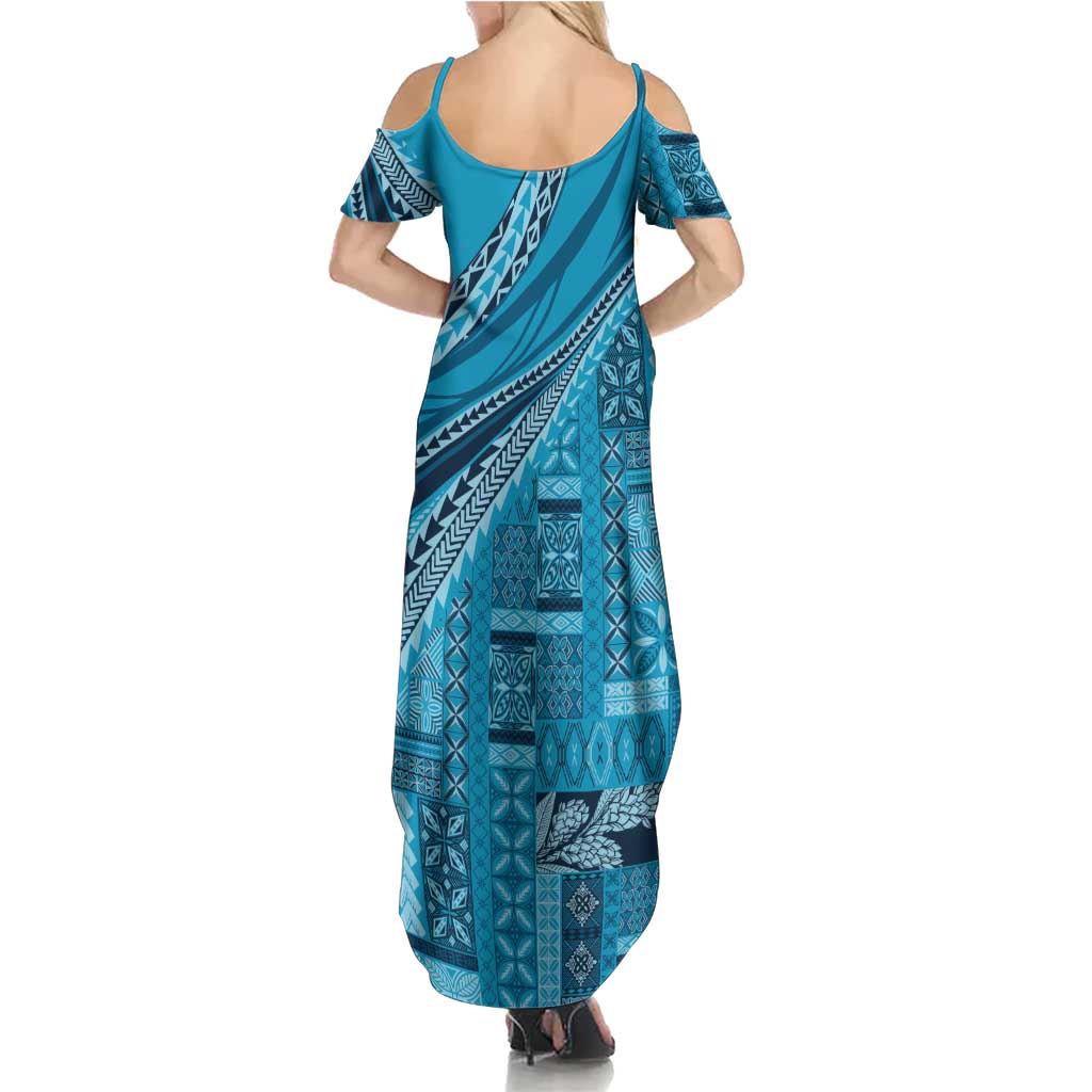 Pasifika Women's Day - Samoa Siapo Malu Tattoo Inspired Family Matching Summer Maxi Dress and Hawaiian Shirt Turquoise LT7 - Polynesian Pride