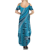 Pasifika Women's Day - Samoa Siapo Malu Tattoo Inspired Family Matching Summer Maxi Dress and Hawaiian Shirt Turquoise LT7 - Polynesian Pride
