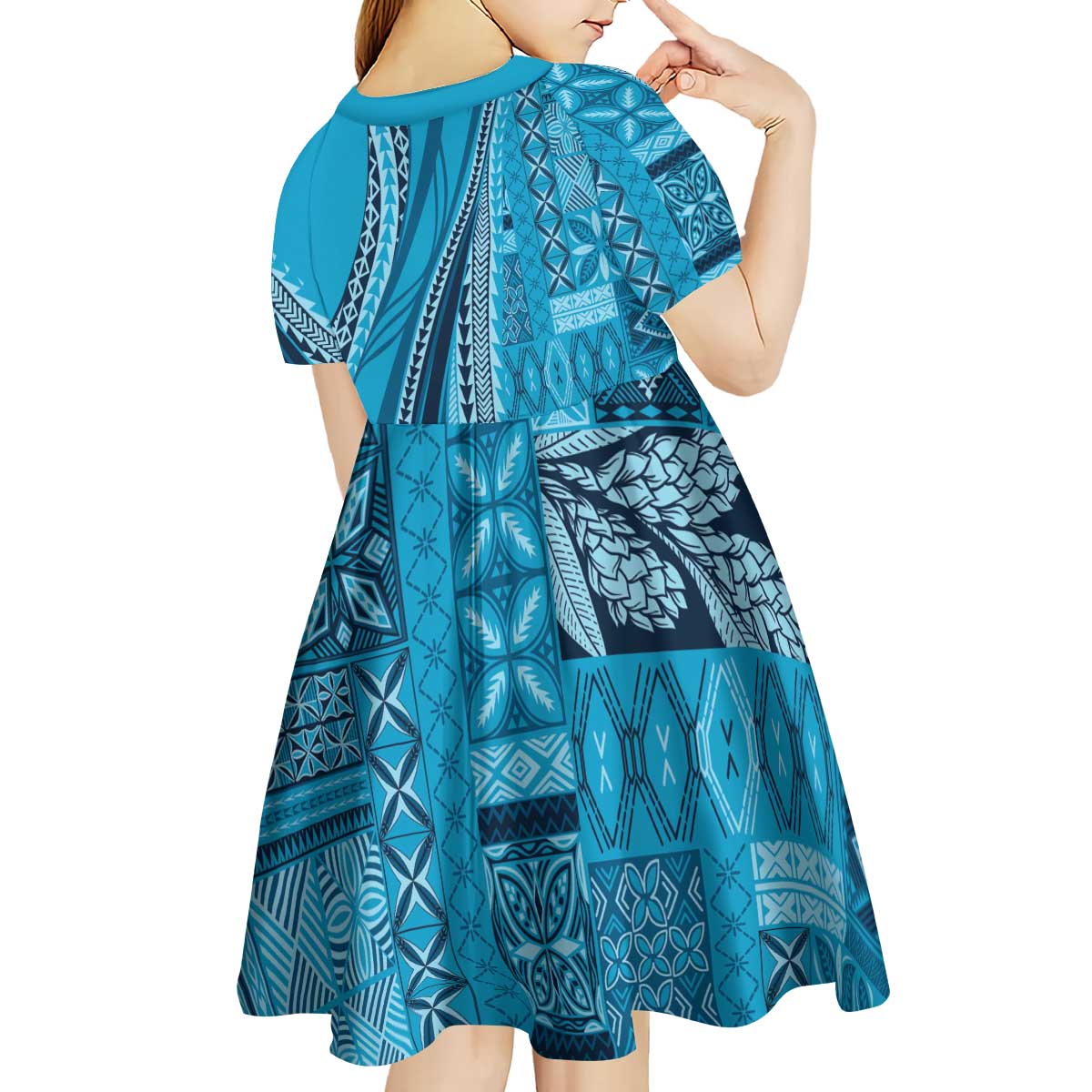 Pasifika Women's Day - Samoa Siapo Malu Tattoo Inspired Kid Short Sleeve Dress Turquoise
