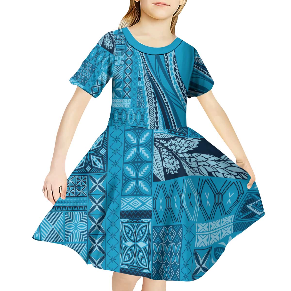Pasifika Women's Day - Samoa Siapo Malu Tattoo Inspired Kid Short Sleeve Dress Turquoise
