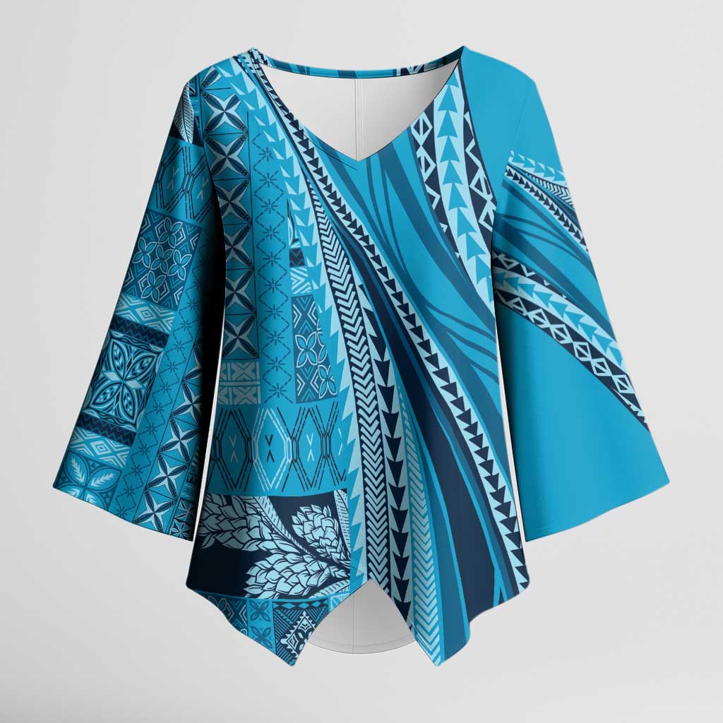 Pasifika Women's Day - Samoa Siapo Malu Tattoo Inspired Kimono Sleeve Blouse Turquoise