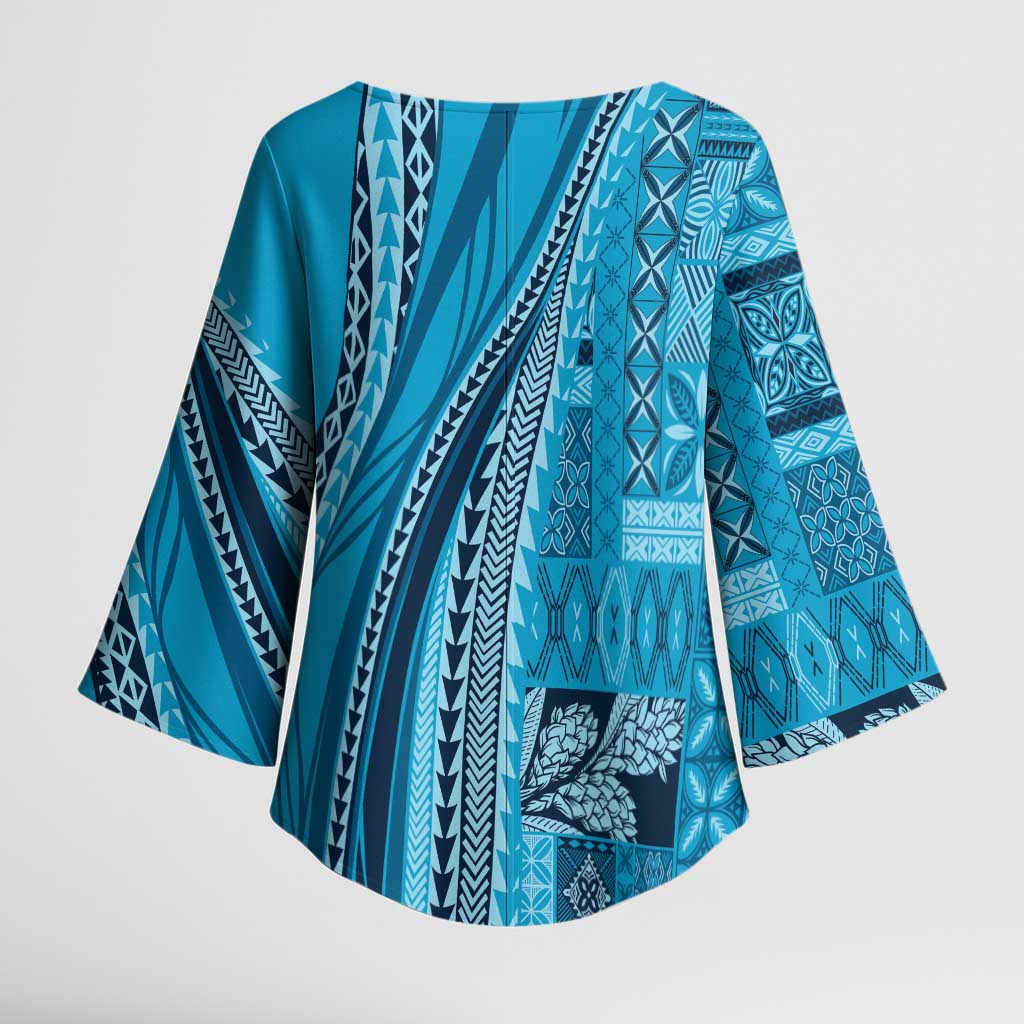 Pasifika Women's Day - Samoa Siapo Malu Tattoo Inspired Kimono Sleeve Blouse Turquoise