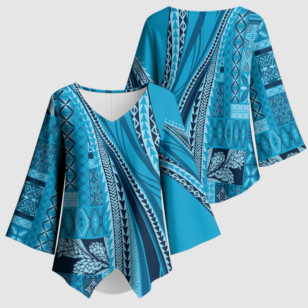 Pasifika Women's Day - Samoa Siapo Malu Tattoo Inspired Kimono Sleeve Blouse Turquoise