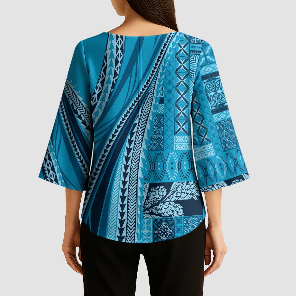 Pasifika Women's Day - Samoa Siapo Malu Tattoo Inspired Kimono Sleeve Blouse Turquoise